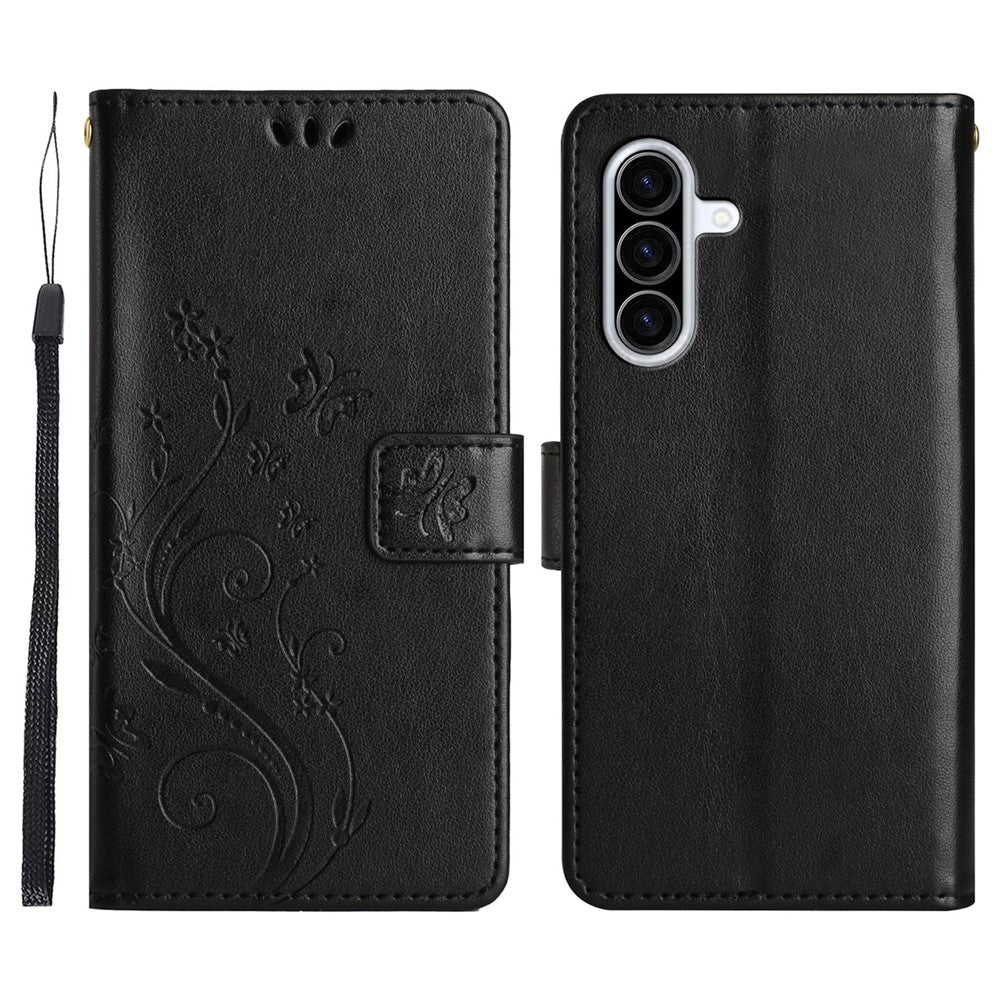 For Samsung Galaxy A57 5G Leather Wallet Case Butterfly Flower Imprinted Phone Cover with Strap - Black