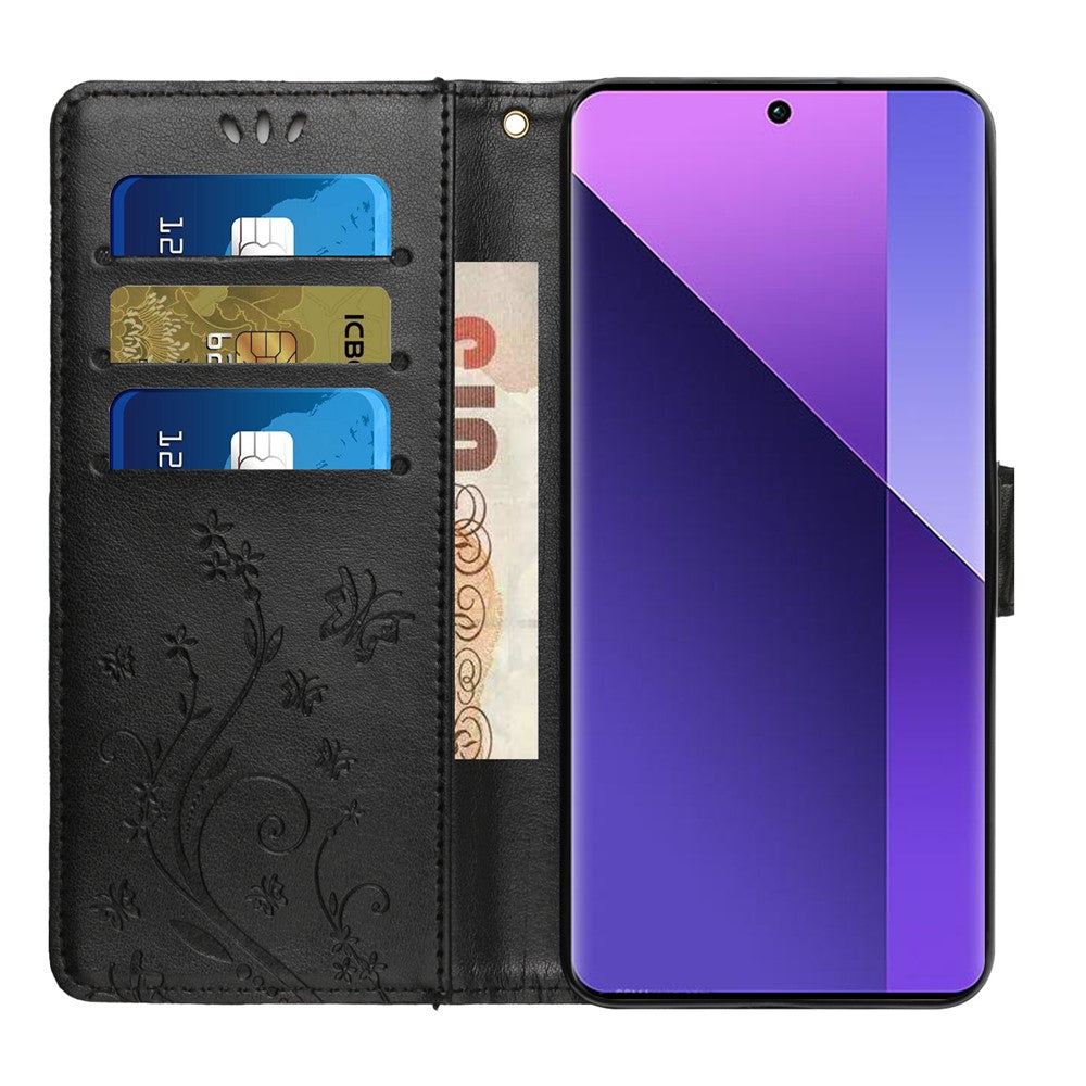For Samsung Galaxy A57 5G Leather Wallet Case Butterfly Flower Imprinted Phone Cover with Strap - Black