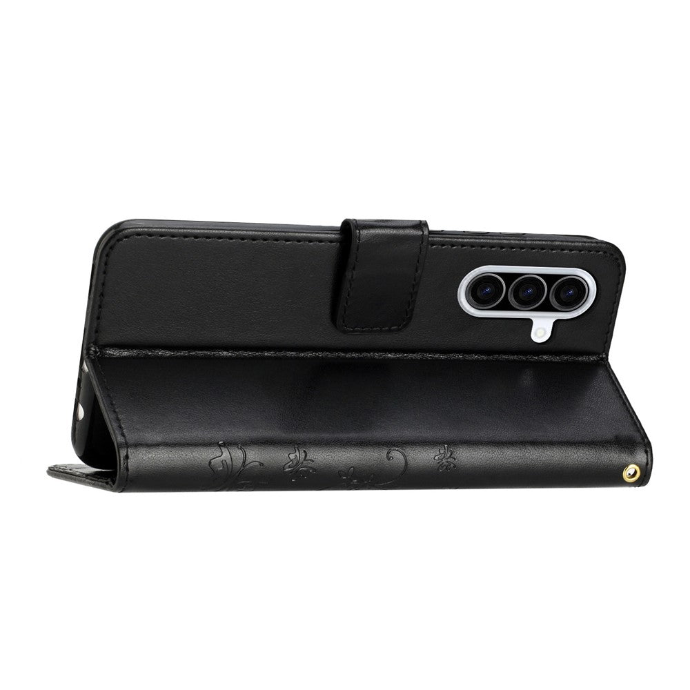 For Samsung Galaxy A57 5G Leather Wallet Case Butterfly Flower Imprinted Phone Cover with Strap - Black