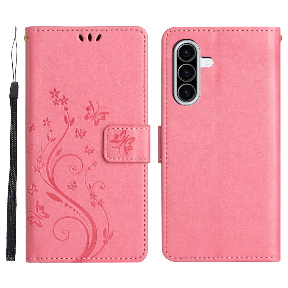 For Samsung Galaxy A57 5G Leather Wallet Case Butterfly Flower Imprinted Phone Cover with Strap - Pink