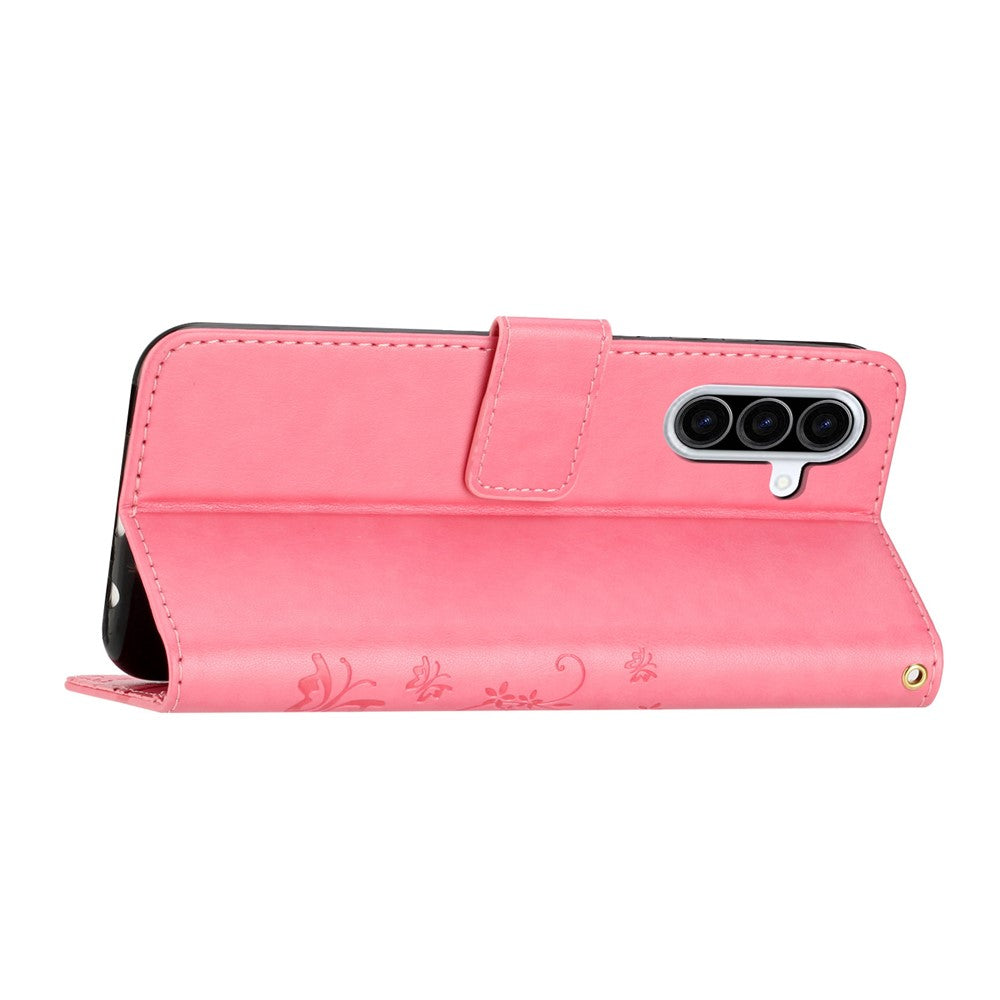 For Samsung Galaxy A57 5G Leather Wallet Case Butterfly Flower Imprinted Phone Cover with Strap - Pink