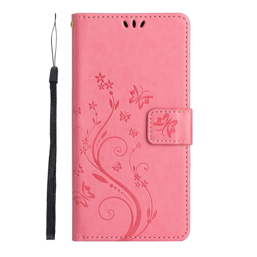 For Samsung Galaxy A57 5G Leather Wallet Case Butterfly Flower Imprinted Phone Cover with Strap - Pink