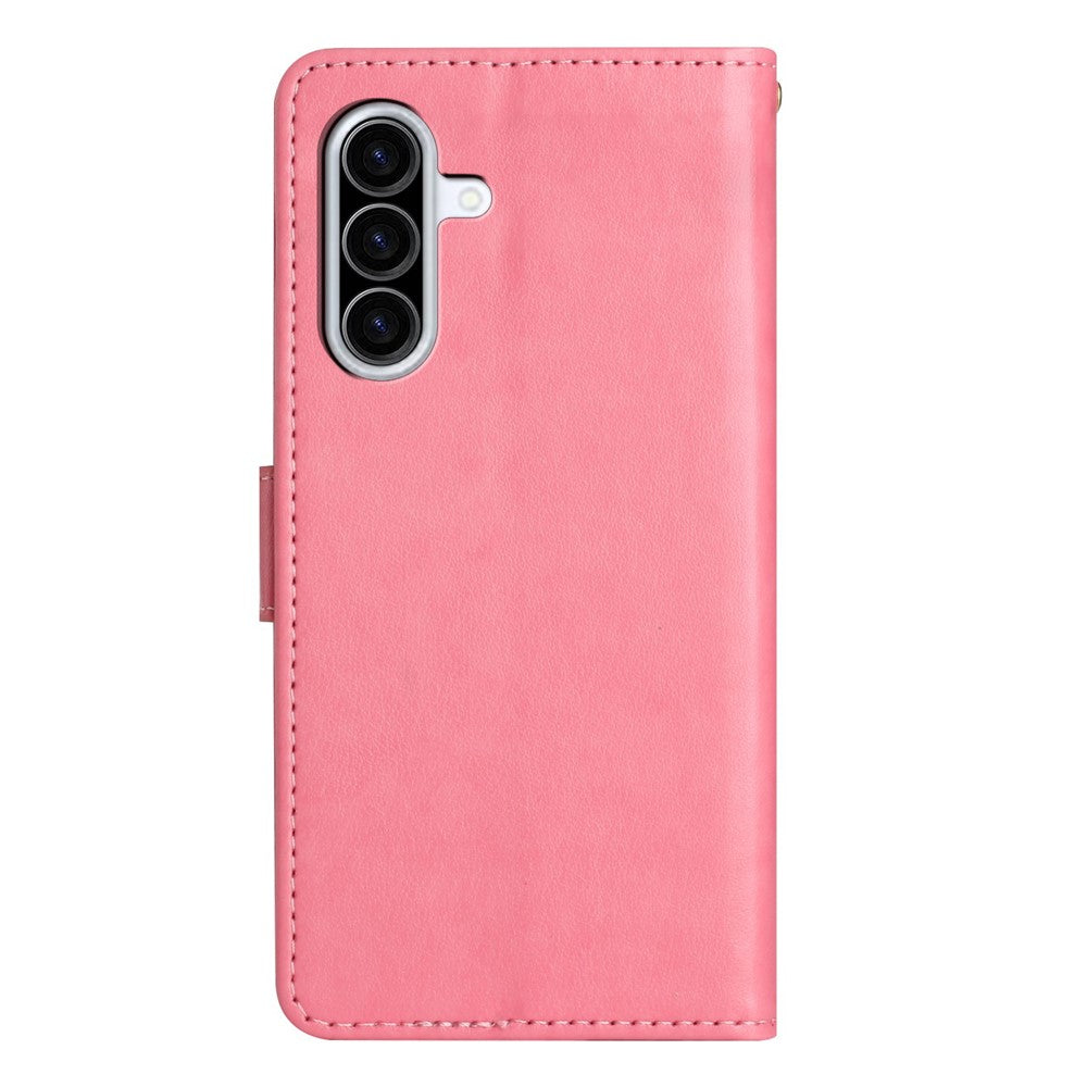 For Samsung Galaxy A57 5G Leather Wallet Case Butterfly Flower Imprinted Phone Cover with Strap - Pink