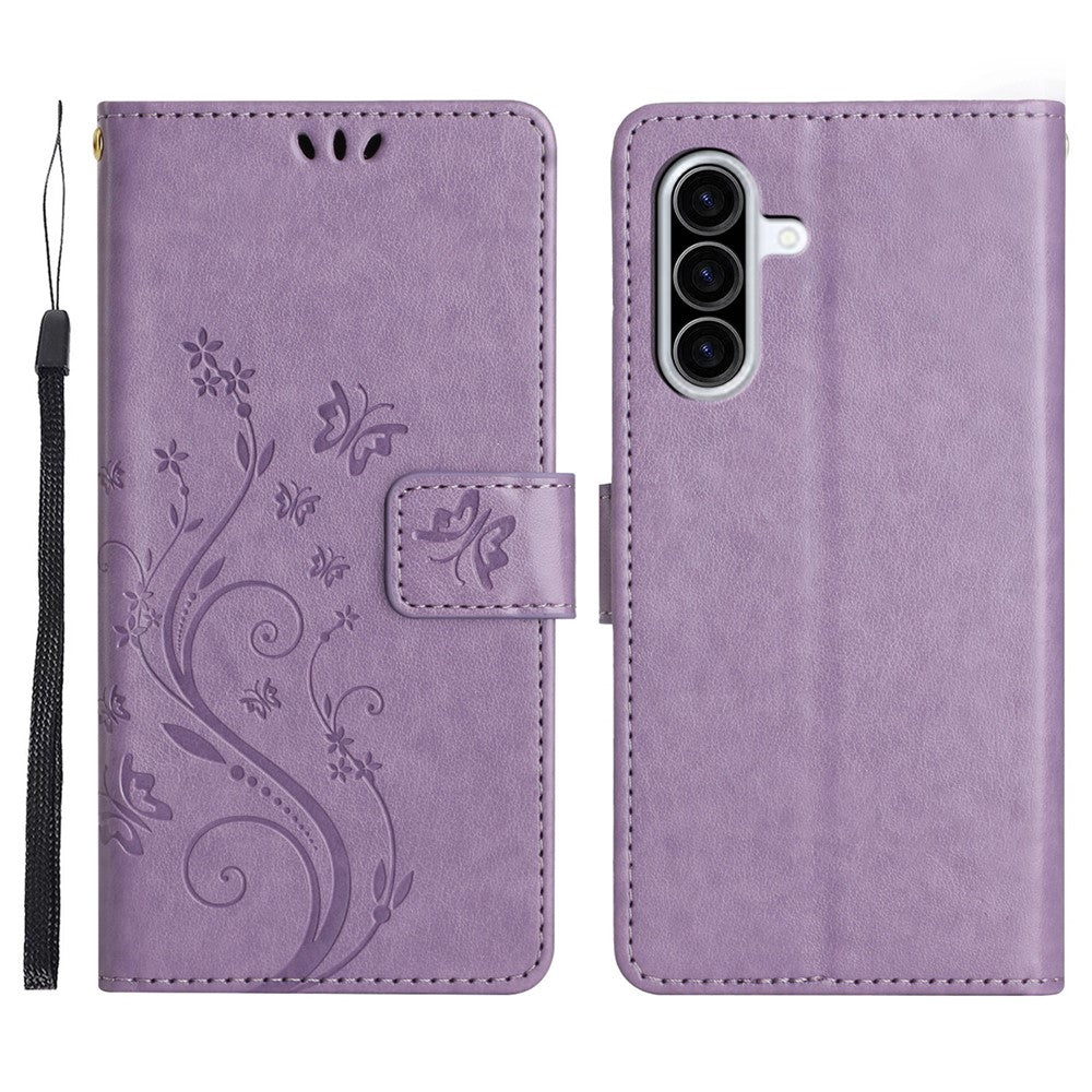 For Samsung Galaxy A57 5G Leather Wallet Case Butterfly Flower Imprinted Phone Cover with Strap - Light Purple