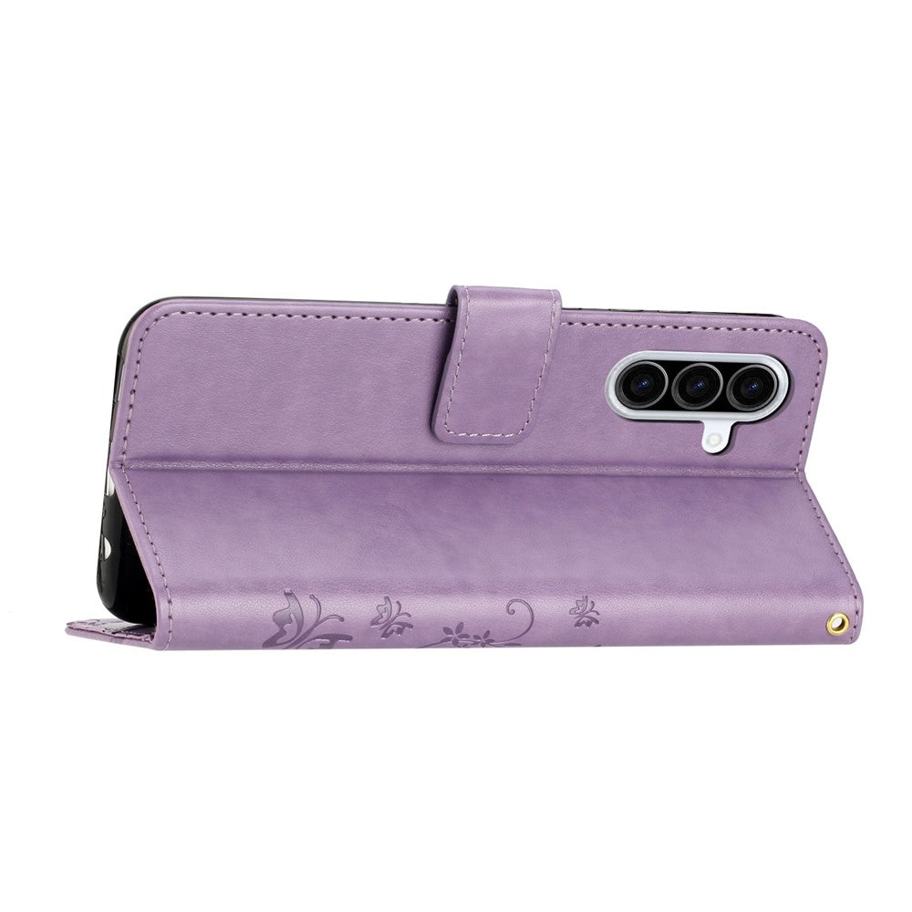For Samsung Galaxy A57 5G Leather Wallet Case Butterfly Flower Imprinted Phone Cover with Strap - Light Purple
