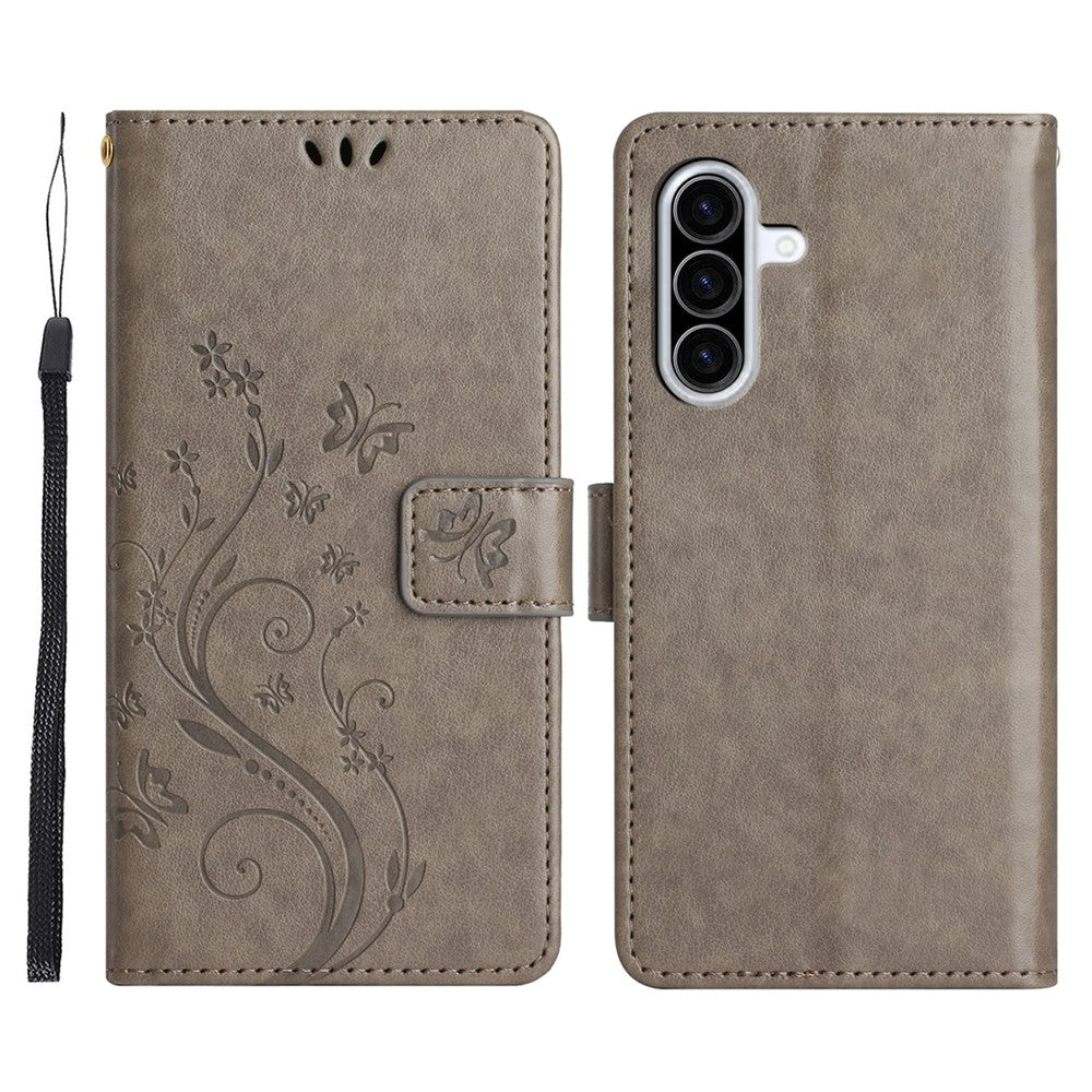 For Samsung Galaxy A57 5G Leather Wallet Case Butterfly Flower Imprinted Phone Cover with Strap - Grey