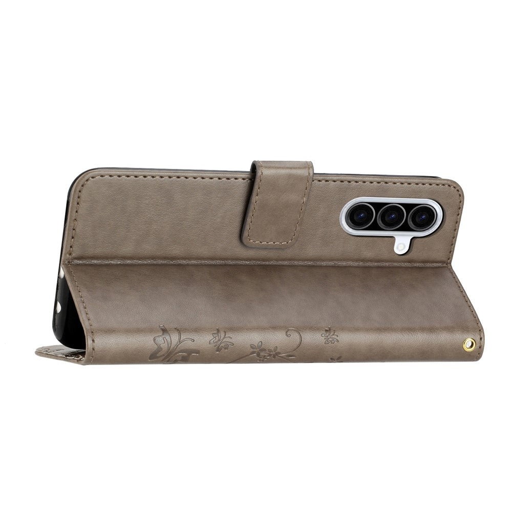 For Samsung Galaxy A57 5G Leather Wallet Case Butterfly Flower Imprinted Phone Cover with Strap - Grey