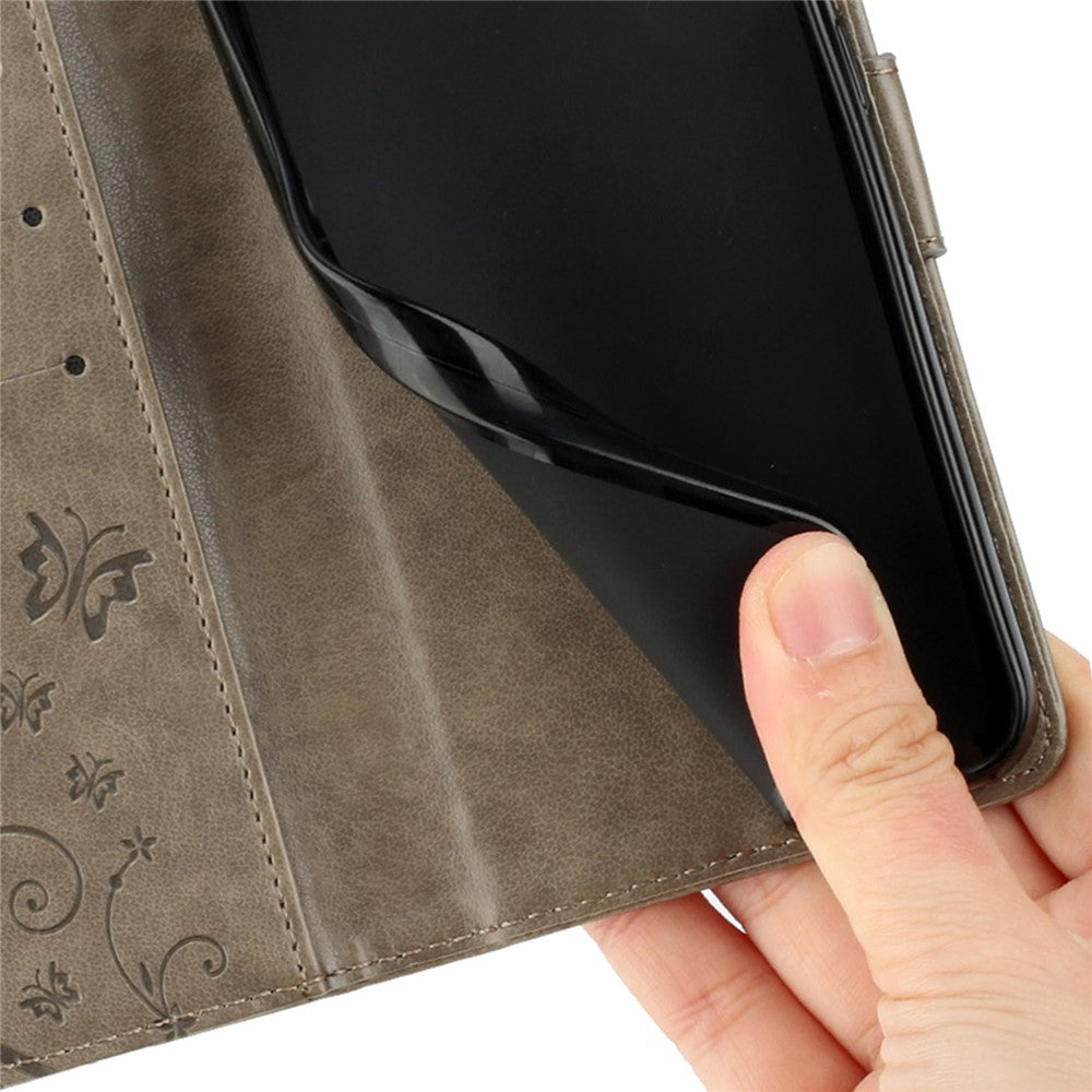 For Samsung Galaxy A57 5G Leather Wallet Case Butterfly Flower Imprinted Phone Cover with Strap - Grey
