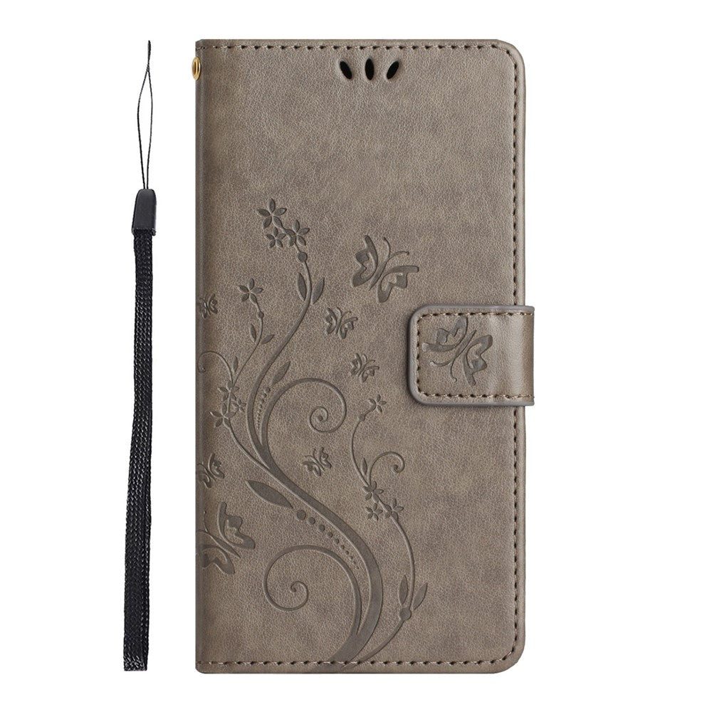 For Samsung Galaxy A57 5G Leather Wallet Case Butterfly Flower Imprinted Phone Cover with Strap - Grey