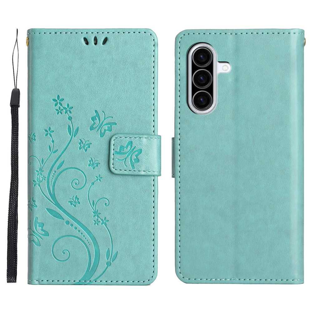 For Samsung Galaxy A57 5G Leather Wallet Case Butterfly Flower Imprinted Phone Cover with Strap - Baby Blue