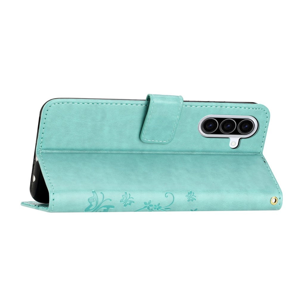 For Samsung Galaxy A57 5G Leather Wallet Case Butterfly Flower Imprinted Phone Cover with Strap - Baby Blue