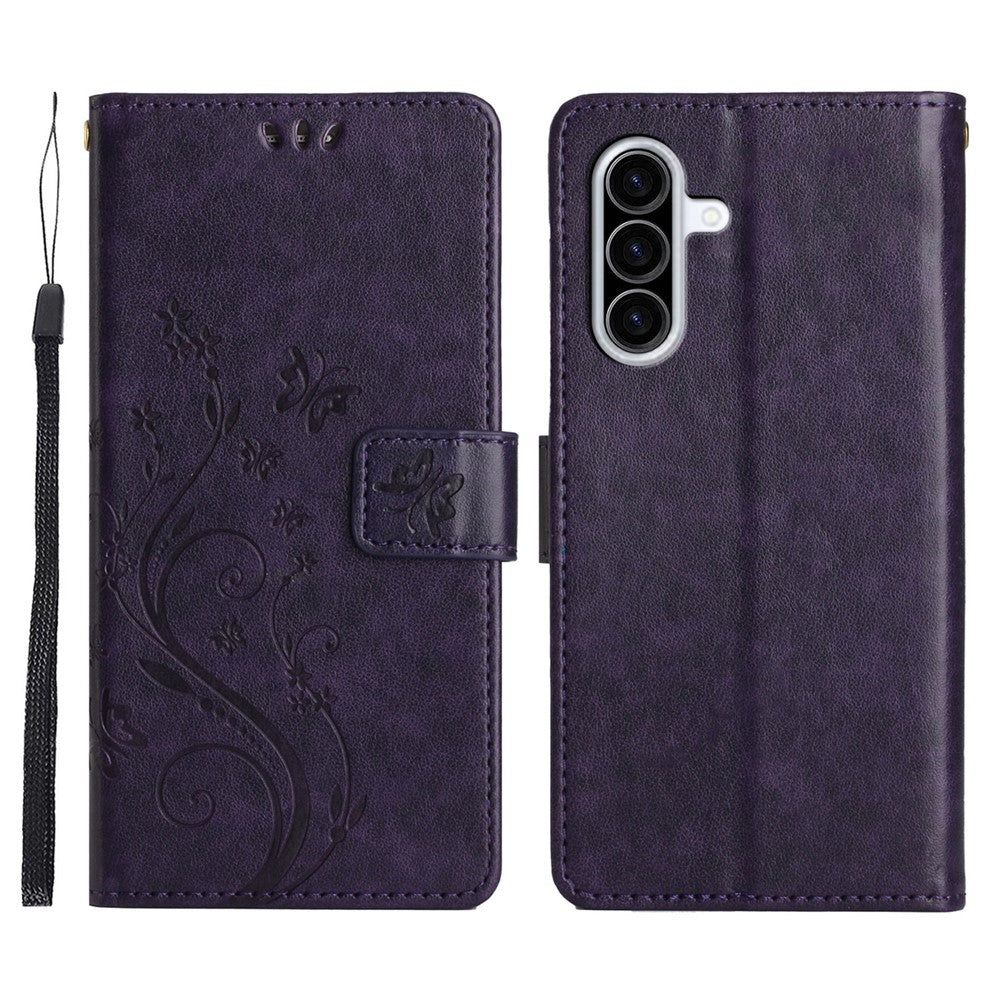 For Samsung Galaxy A57 5G Leather Wallet Case Butterfly Flower Imprinted Phone Cover with Strap - Dark Purple