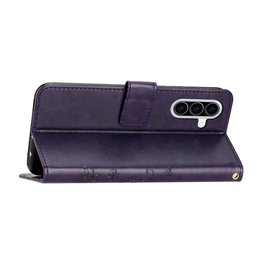 For Samsung Galaxy A57 5G Leather Wallet Case Butterfly Flower Imprinted Phone Cover with Strap - Dark Purple