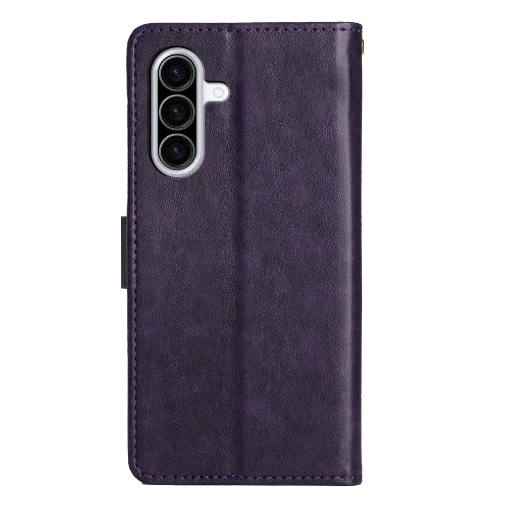 For Samsung Galaxy A57 5G Leather Wallet Case Butterfly Flower Imprinted Phone Cover with Strap - Dark Purple