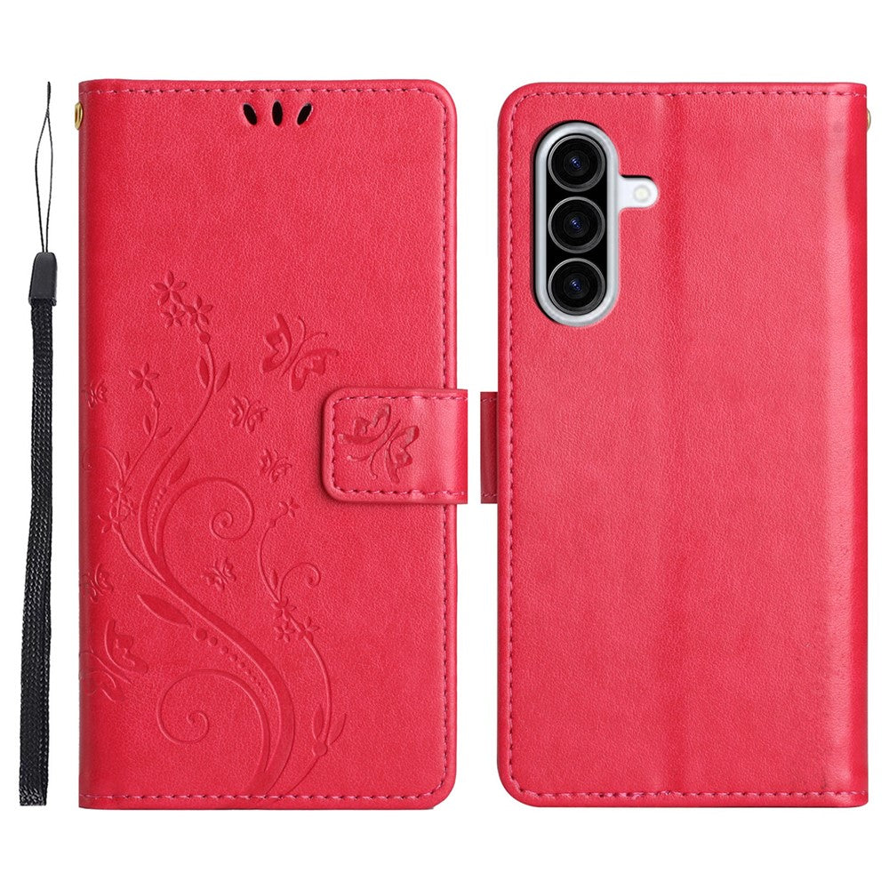 For Samsung Galaxy A57 5G Leather Wallet Case Butterfly Flower Imprinted Phone Cover with Strap - Red