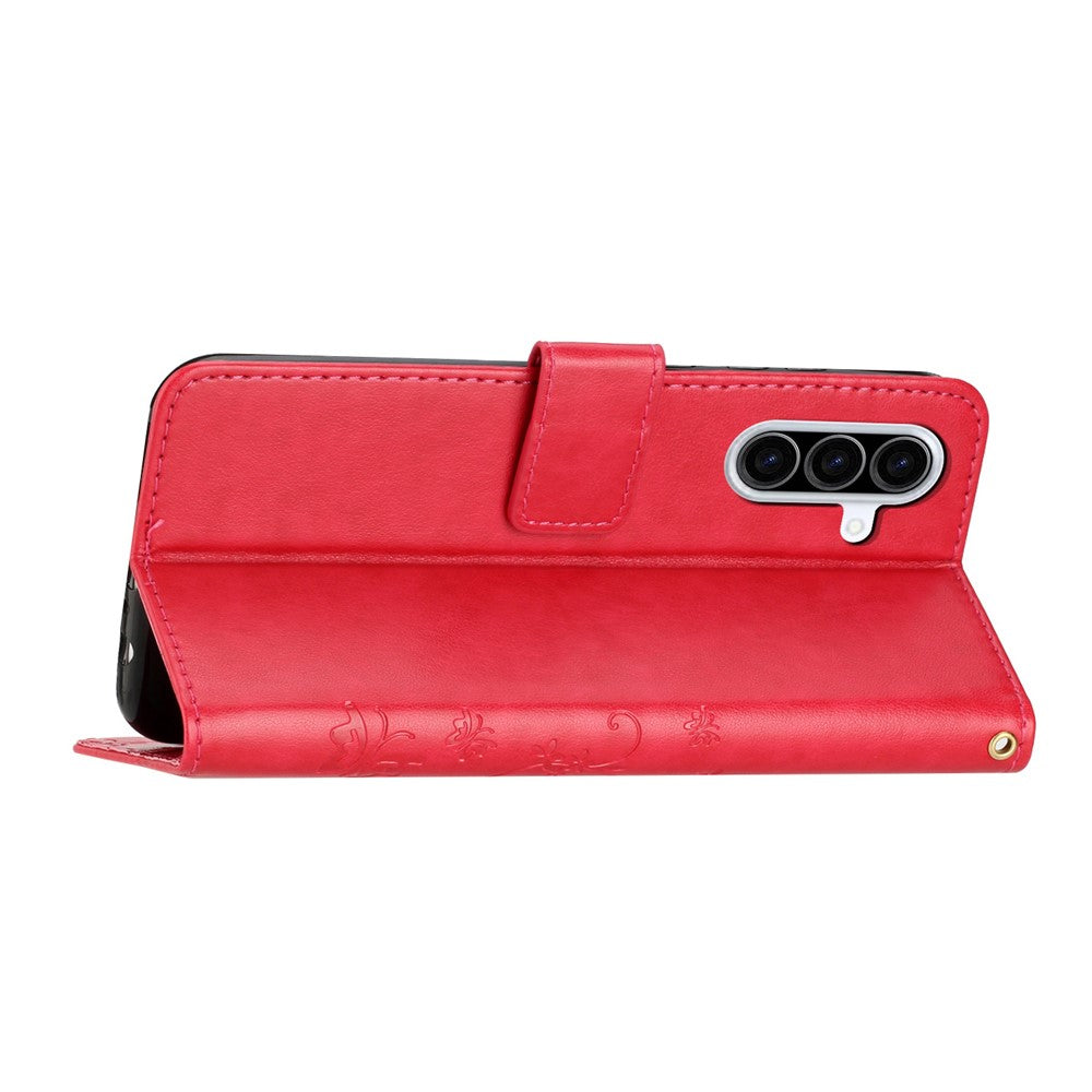 For Samsung Galaxy A57 5G Leather Wallet Case Butterfly Flower Imprinted Phone Cover with Strap - Red