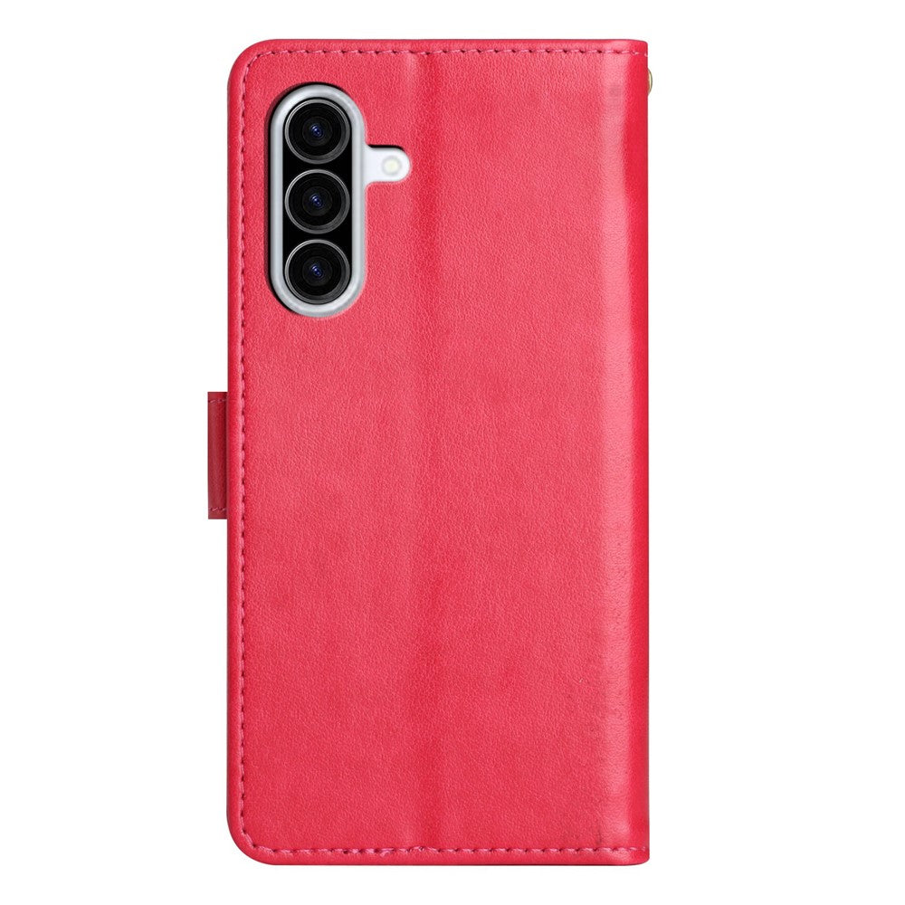 For Samsung Galaxy A57 5G Leather Wallet Case Butterfly Flower Imprinted Phone Cover with Strap - Red