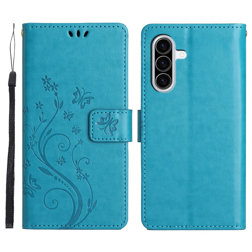 For Samsung Galaxy A57 5G Leather Wallet Case Butterfly Flower Imprinted Phone Cover with Strap - Blue