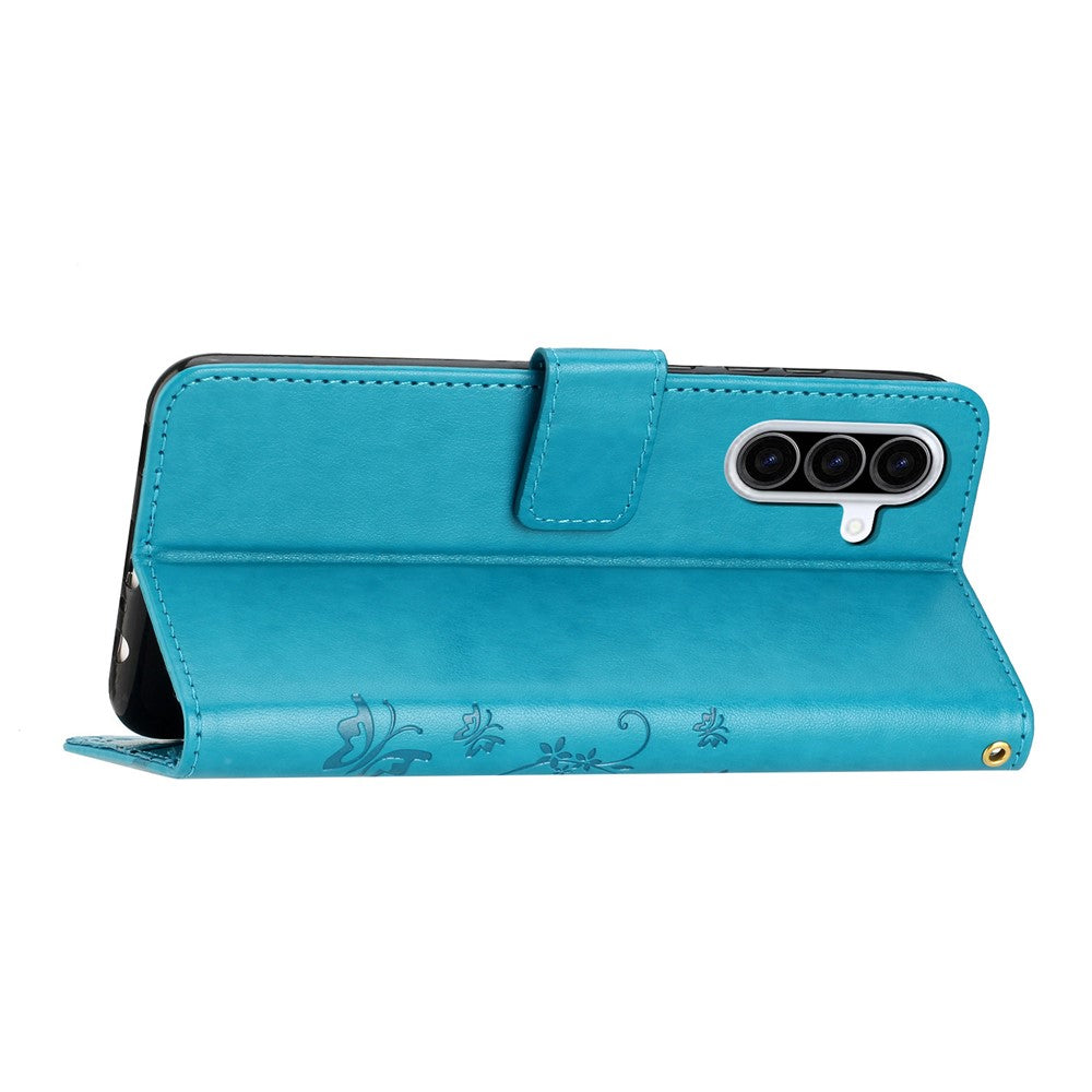 For Samsung Galaxy A57 5G Leather Wallet Case Butterfly Flower Imprinted Phone Cover with Strap - Blue