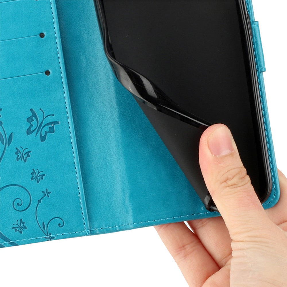 For Samsung Galaxy A57 5G Leather Wallet Case Butterfly Flower Imprinted Phone Cover with Strap - Blue