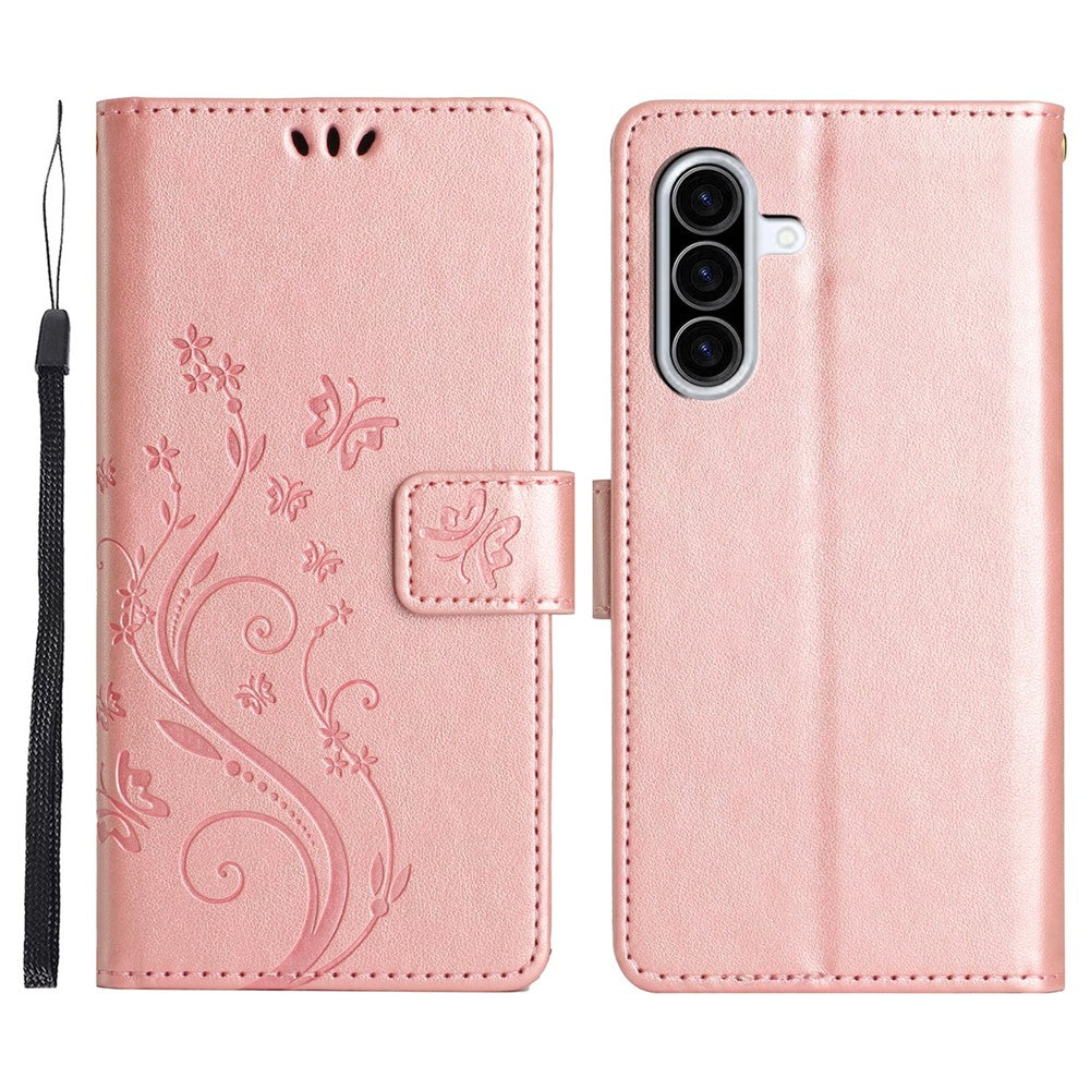 For Samsung Galaxy A57 5G Leather Wallet Case Butterfly Flower Imprinted Phone Cover with Strap - Rose Gold