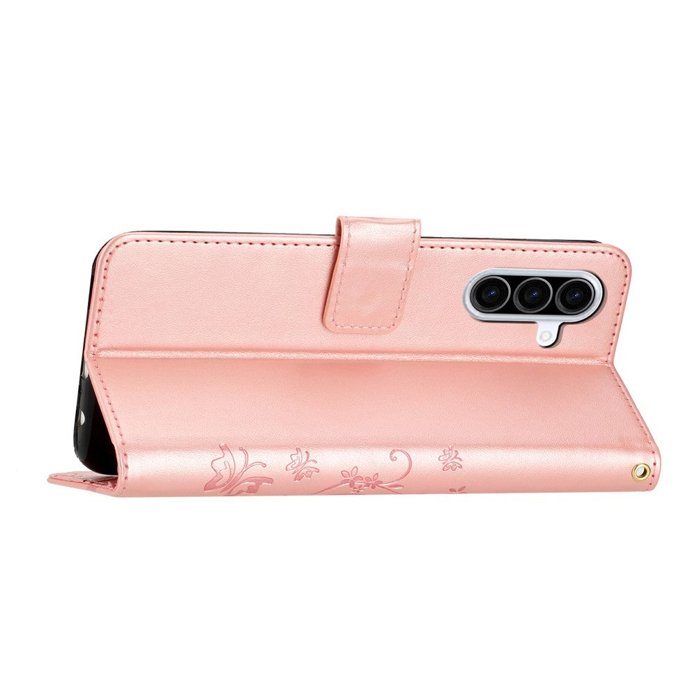 For Samsung Galaxy A57 5G Leather Wallet Case Butterfly Flower Imprinted Phone Cover with Strap - Rose Gold