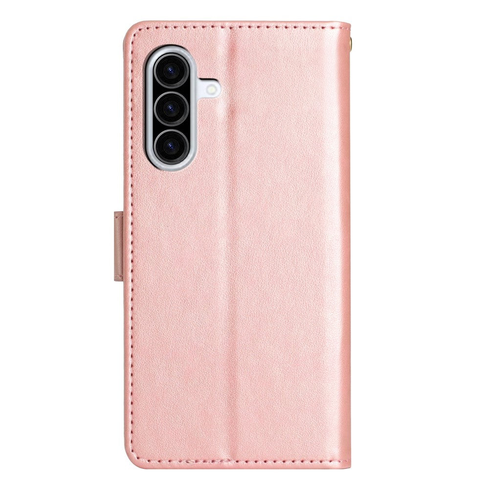 For Samsung Galaxy A57 5G Leather Wallet Case Butterfly Flower Imprinted Phone Cover with Strap - Rose Gold