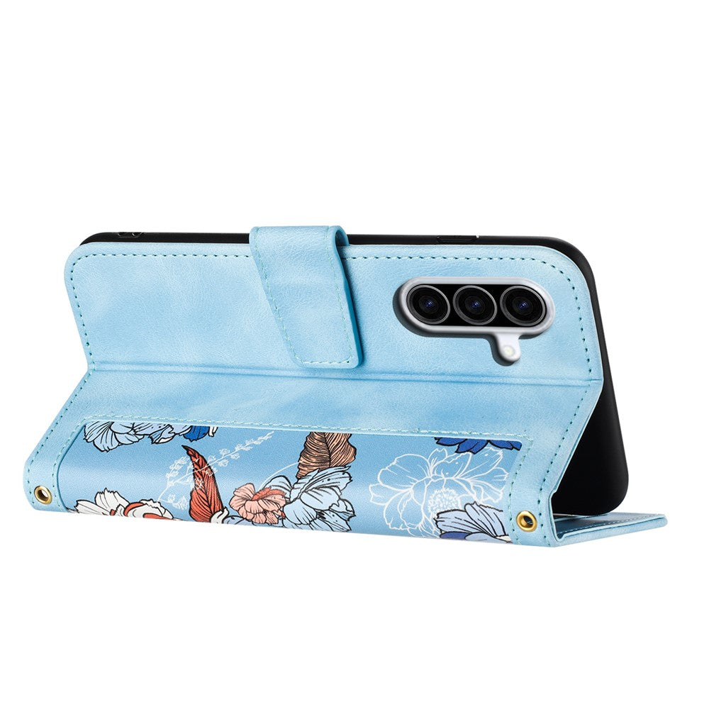 For Samsung Galaxy A57 5G Case PU Leather Floral Phone Cover with Card Slots - Baby Blue