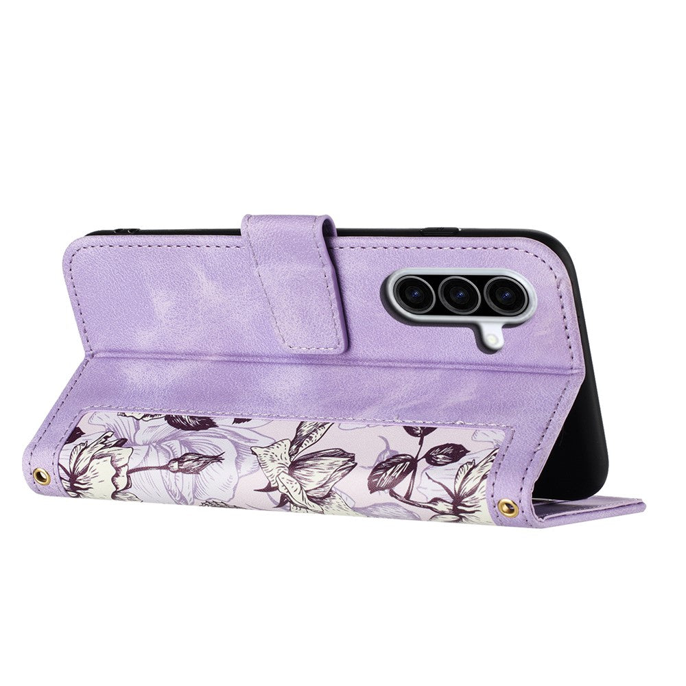 For Samsung Galaxy A57 5G Case PU Leather Floral Phone Cover with Card Slots - Light Purple