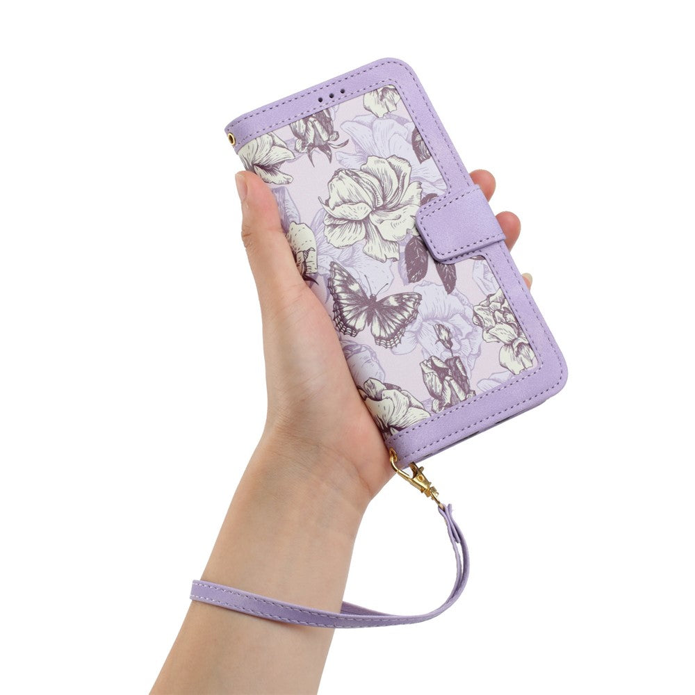 For Samsung Galaxy A57 5G Case PU Leather Floral Phone Cover with Card Slots - Light Purple