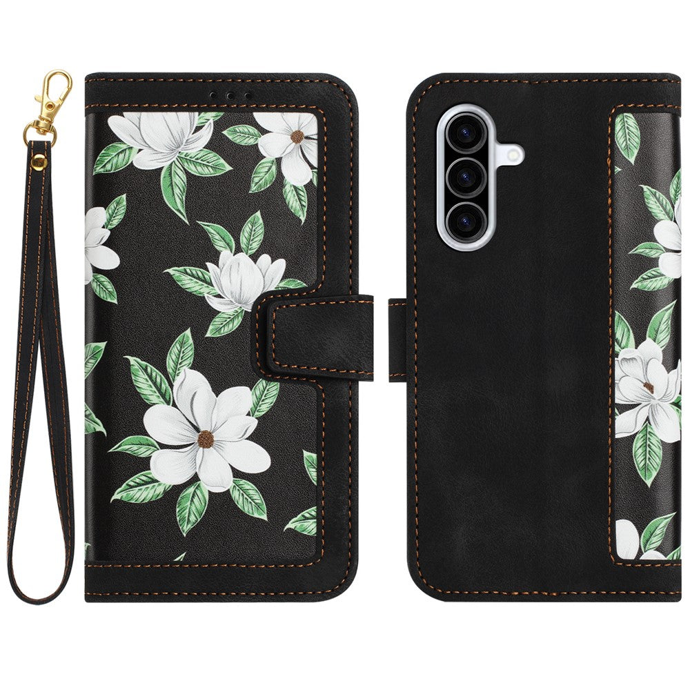 For Samsung Galaxy A57 5G Case PU Leather Floral Phone Cover with Card Slots - Black