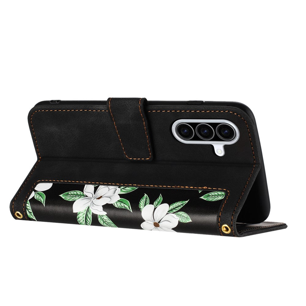 For Samsung Galaxy A57 5G Case PU Leather Floral Phone Cover with Card Slots - Black