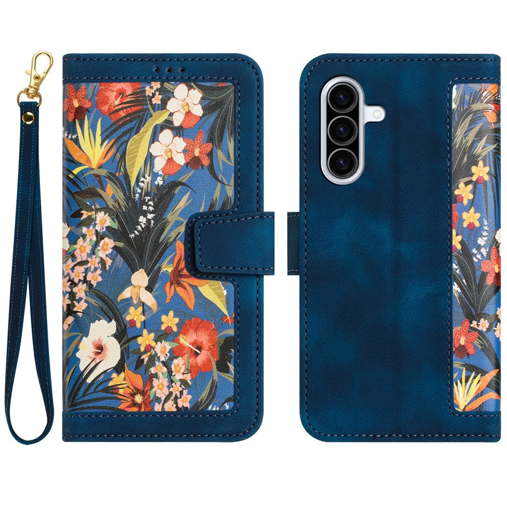 For Samsung Galaxy A57 5G Case PU Leather Floral Phone Cover with Card Slots - Dark Blue