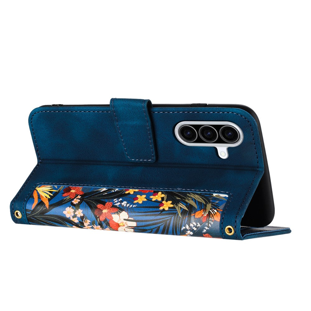 For Samsung Galaxy A57 5G Case PU Leather Floral Phone Cover with Card Slots - Dark Blue