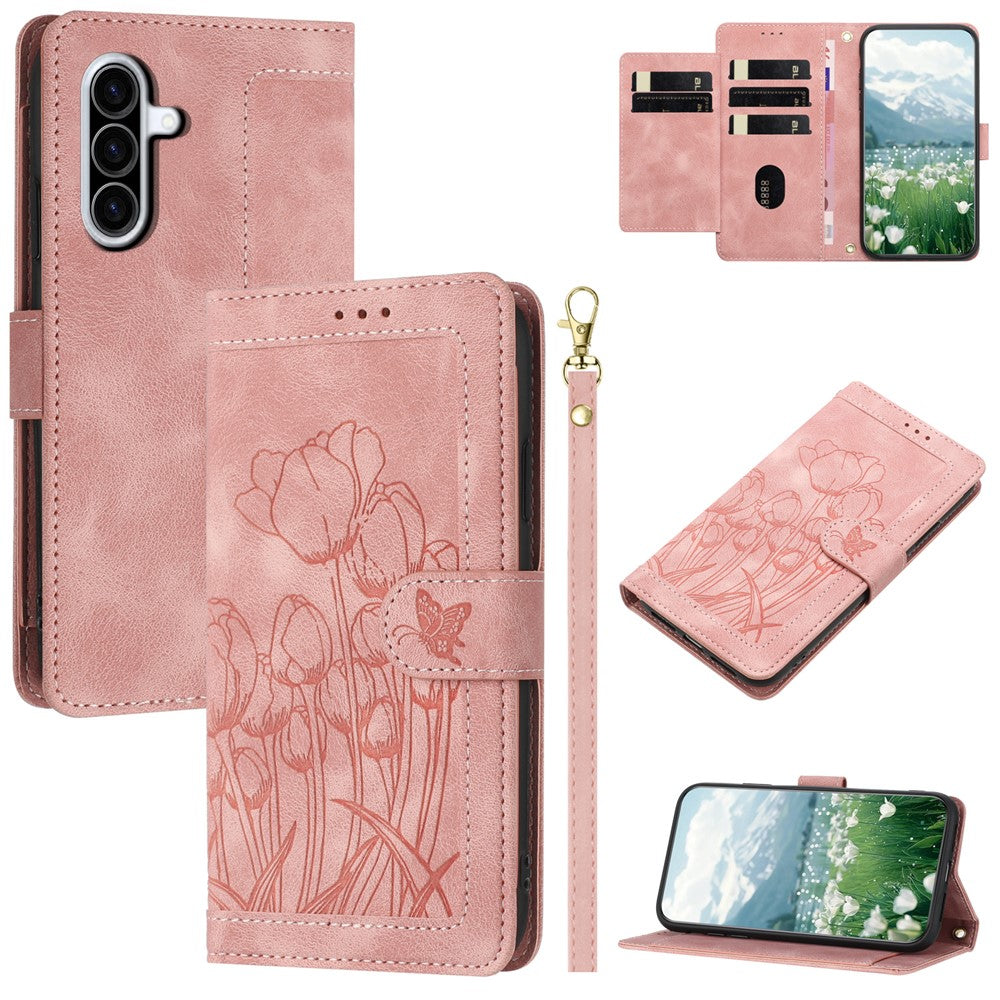For Samsung Galaxy A57 5G Case Tulip Leather Phone Cover with 5 Card Slots Wallet - Pink