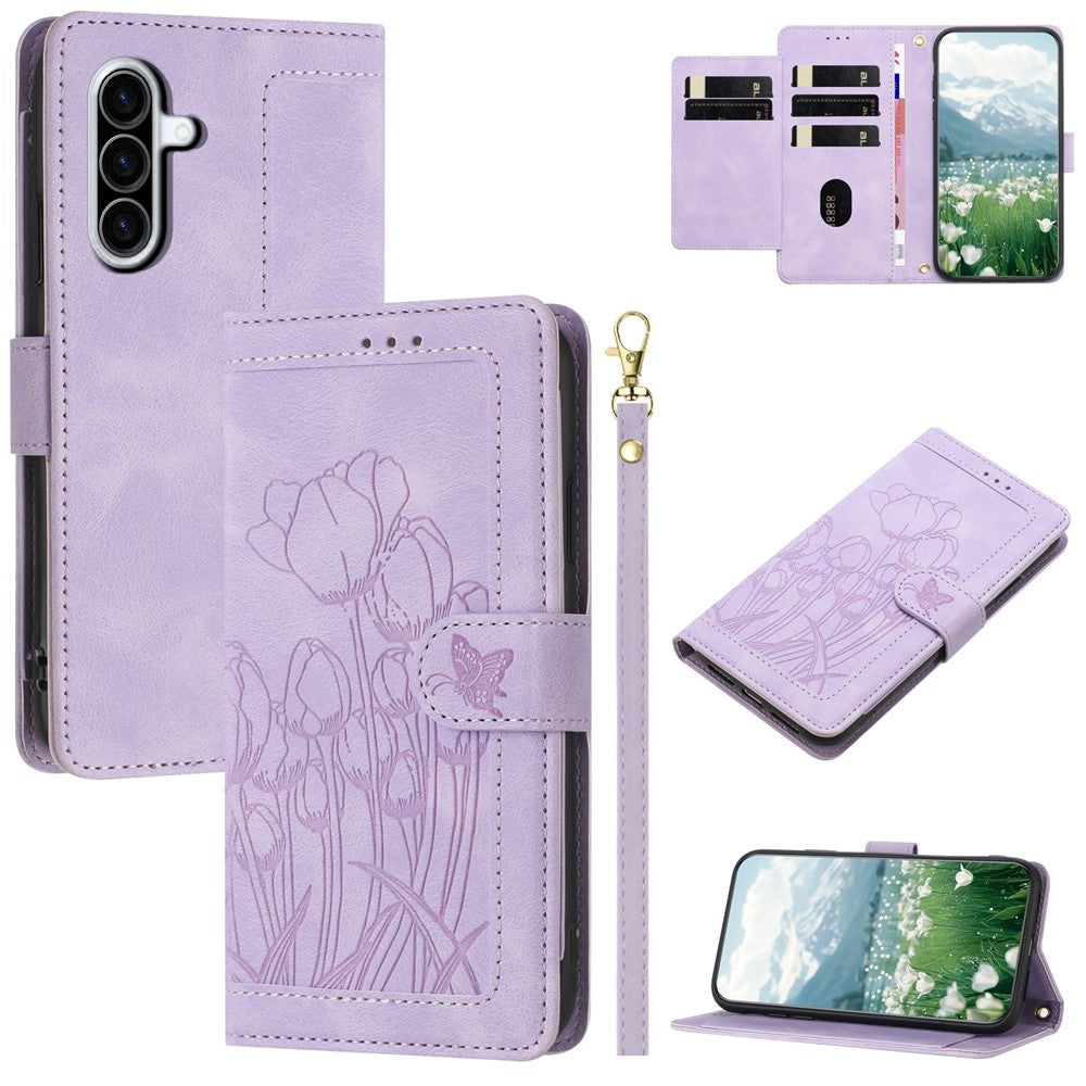 For Samsung Galaxy A57 5G Case Tulip Leather Phone Cover with 5 Card Slots Wallet - Purple