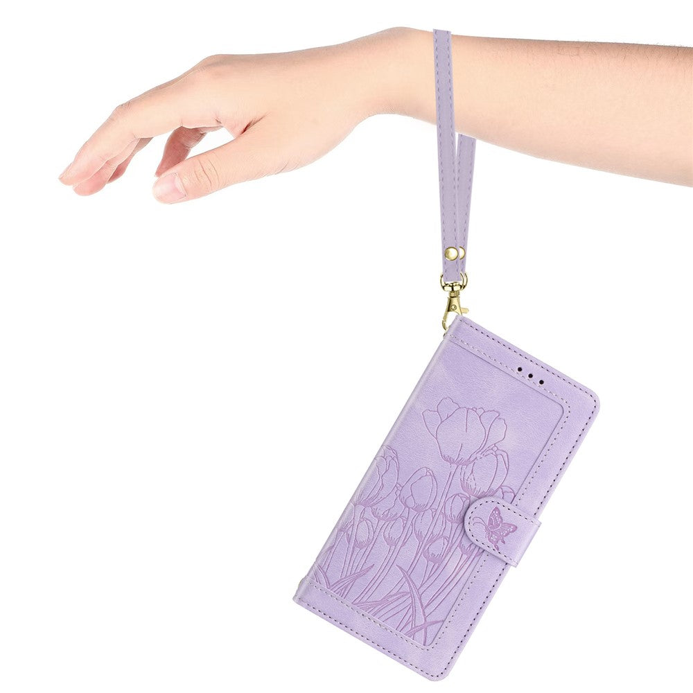 For Samsung Galaxy A57 5G Case Tulip Leather Phone Cover with 5 Card Slots Wallet - Purple