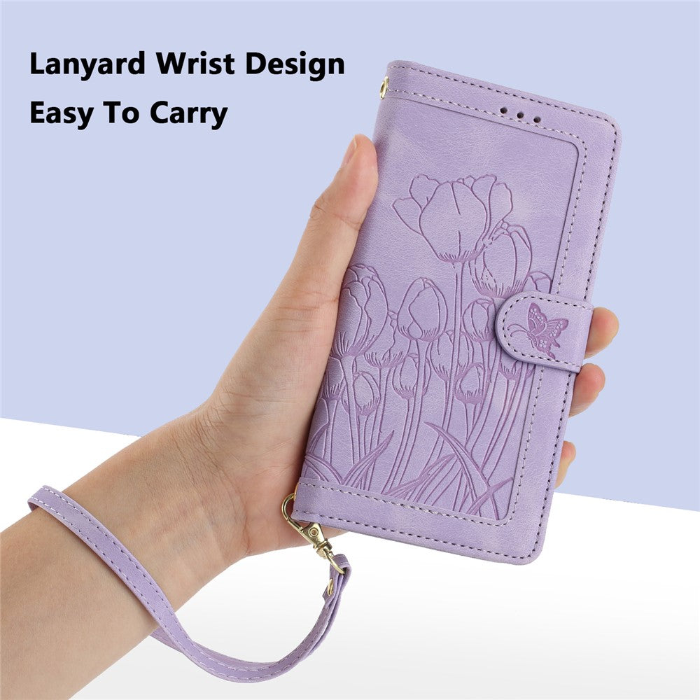 For Samsung Galaxy A57 5G Case Tulip Leather Phone Cover with 5 Card Slots Wallet - Purple