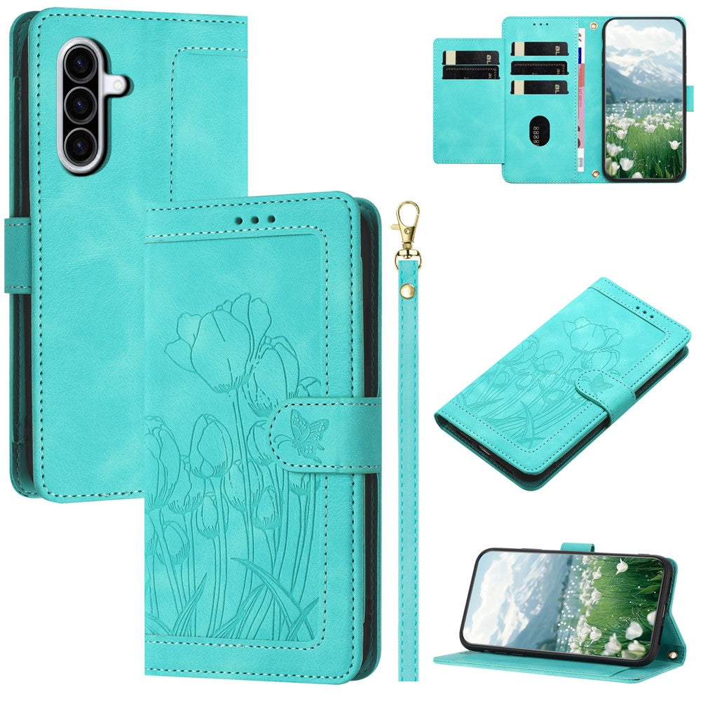 For Samsung Galaxy A57 5G Case Tulip Leather Phone Cover with 5 Card Slots Wallet - Green