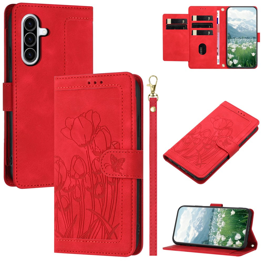 For Samsung Galaxy A57 5G Case Tulip Leather Phone Cover with 5 Card Slots Wallet - Red