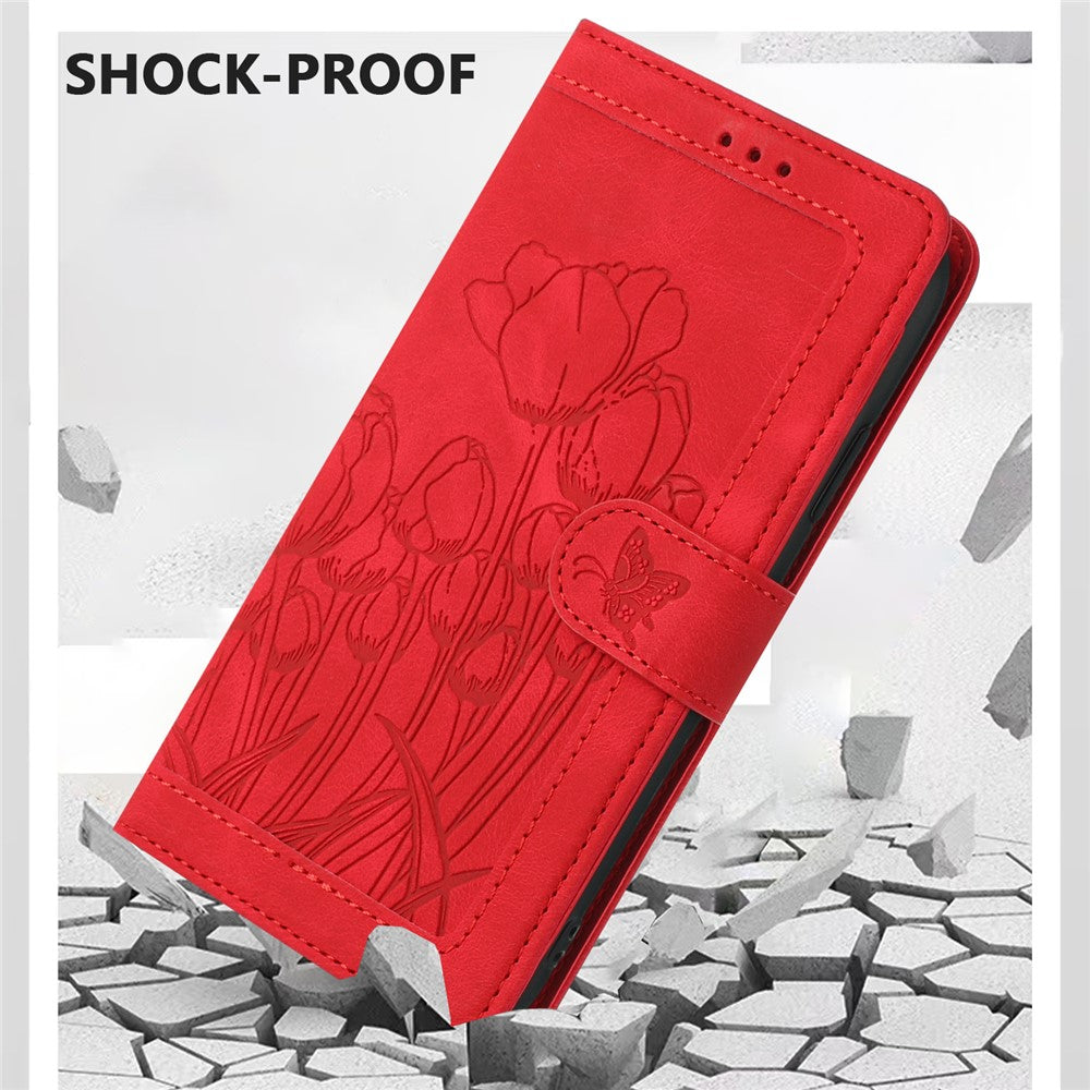 For Samsung Galaxy A57 5G Case Tulip Leather Phone Cover with 5 Card Slots Wallet - Red