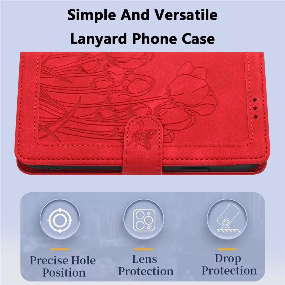 For Samsung Galaxy A57 5G Case Tulip Leather Phone Cover with 5 Card Slots Wallet - Red