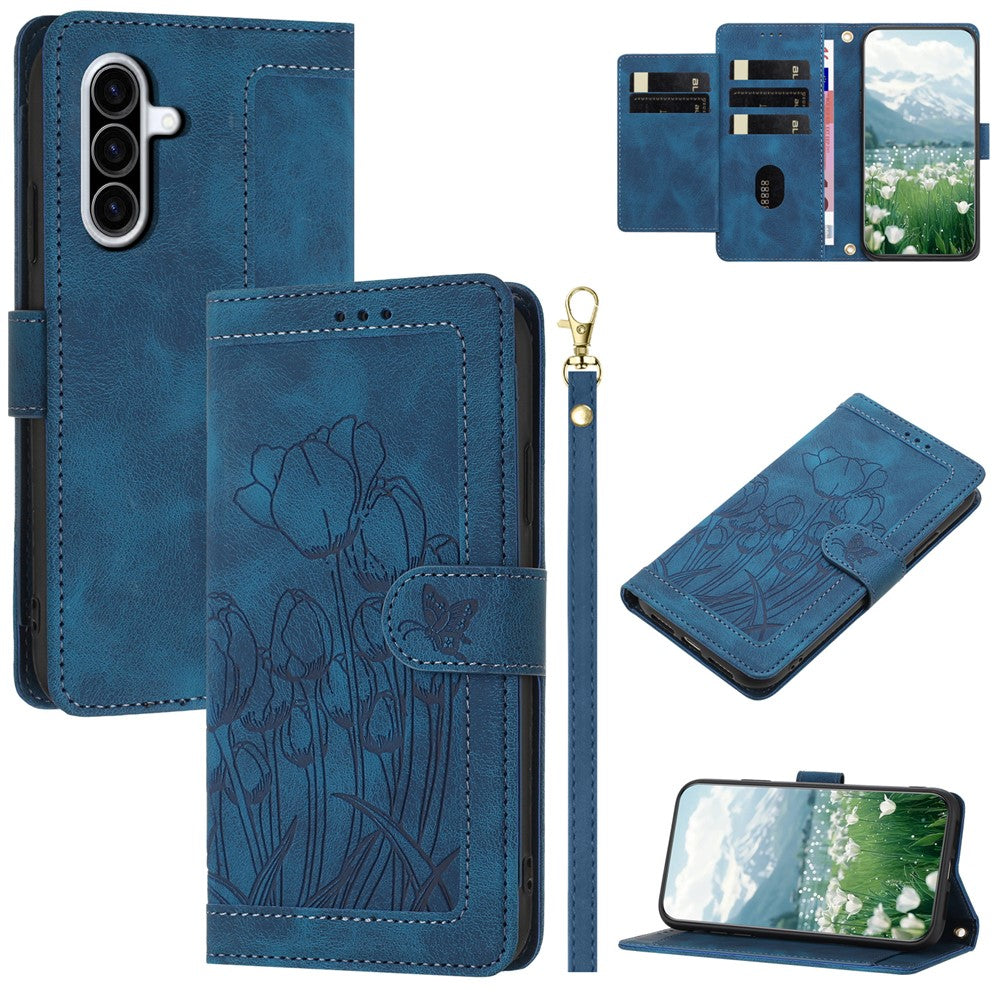 For Samsung Galaxy A57 5G Case Tulip Leather Phone Cover with 5 Card Slots Wallet - Blue