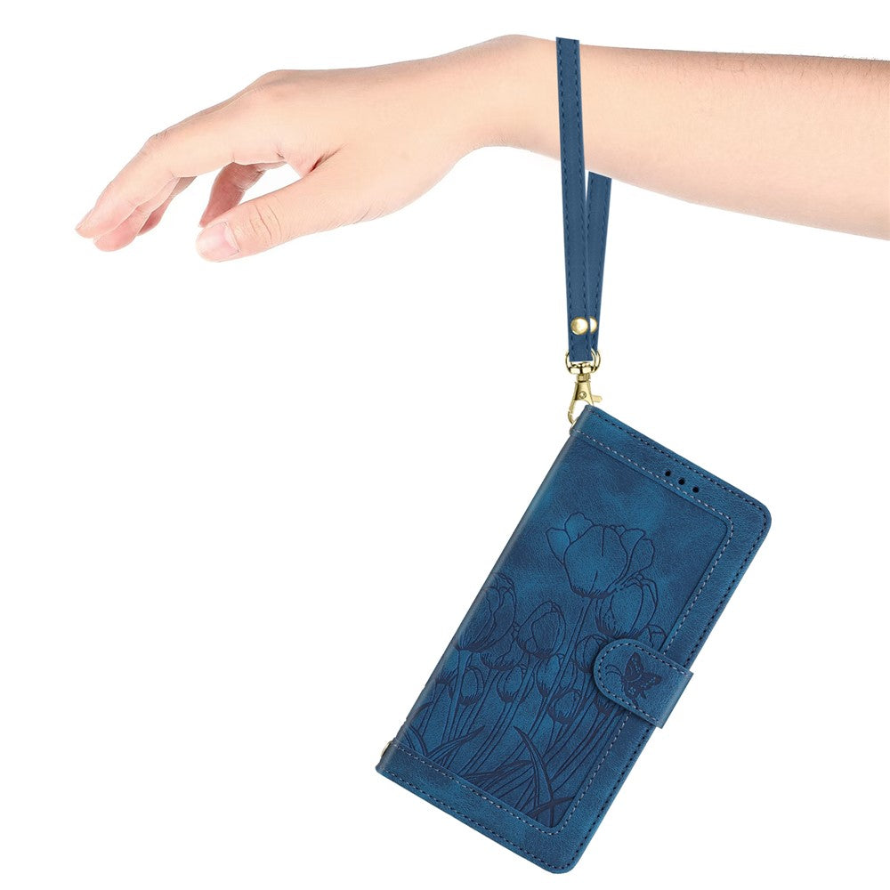 For Samsung Galaxy A57 5G Case Tulip Leather Phone Cover with 5 Card Slots Wallet - Blue