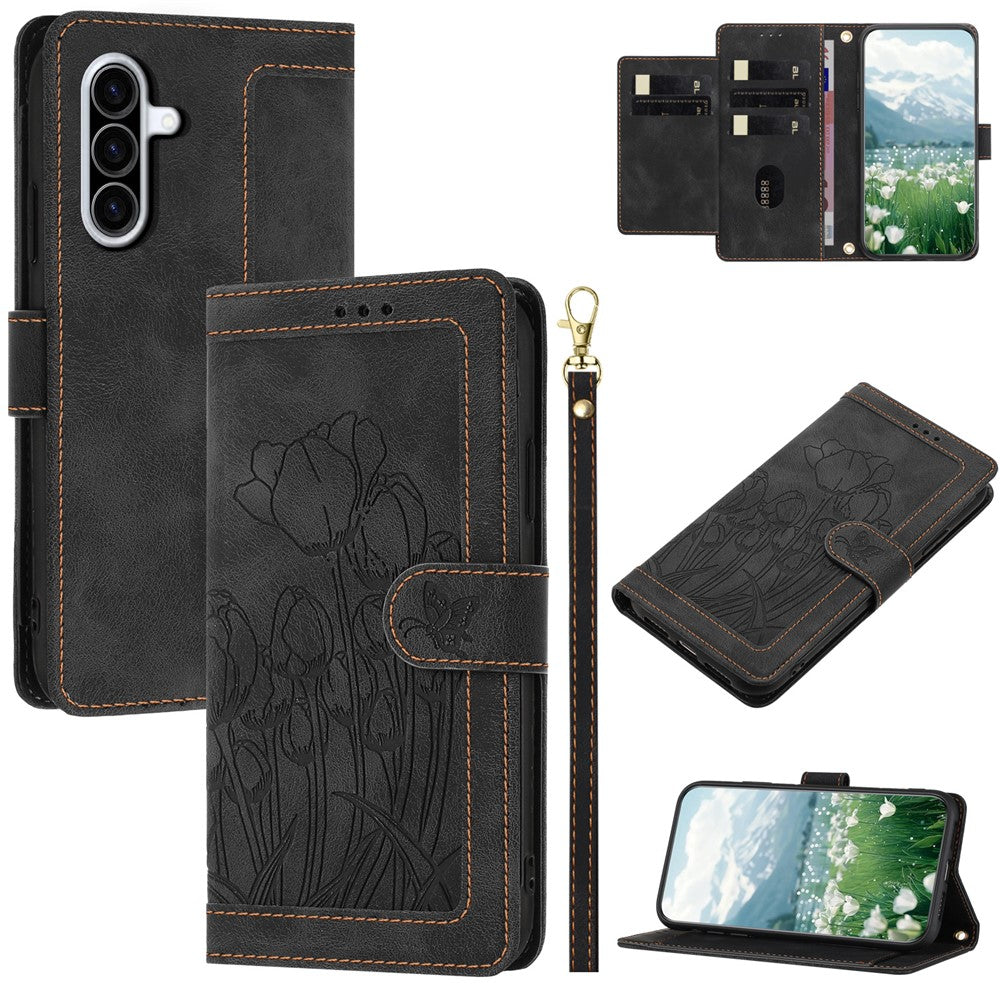 For Samsung Galaxy A57 5G Case Tulip Leather Phone Cover with 5 Card Slots Wallet - Black