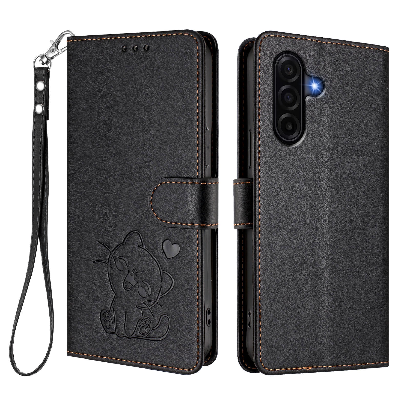 For Samsung Galaxy A57 5G Wallet Case with Wrist Strap Love Cat Pattern Imprint Leather Phone Cover - Black
