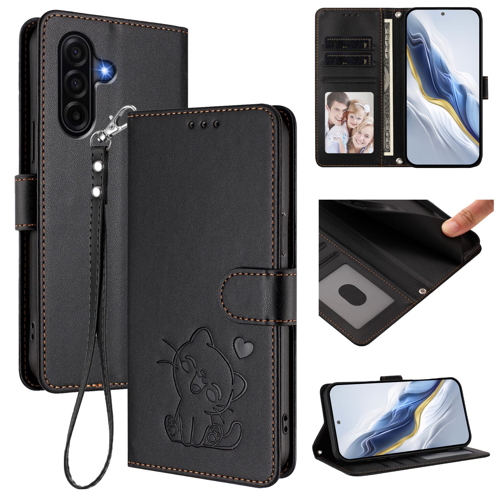 For Samsung Galaxy A57 5G Wallet Case with Wrist Strap Love Cat Pattern Imprint Leather Phone Cover - Black