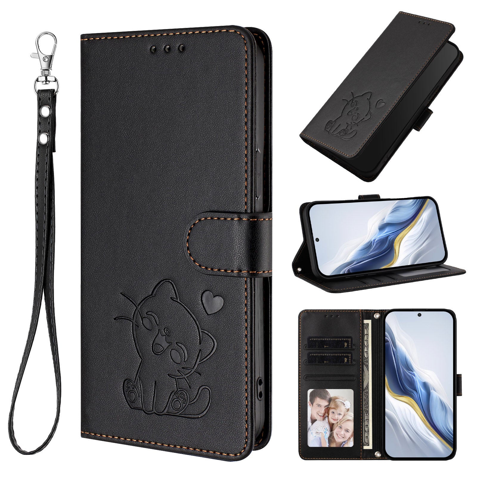 For Samsung Galaxy A57 5G Wallet Case with Wrist Strap Love Cat Pattern Imprint Leather Phone Cover - Black