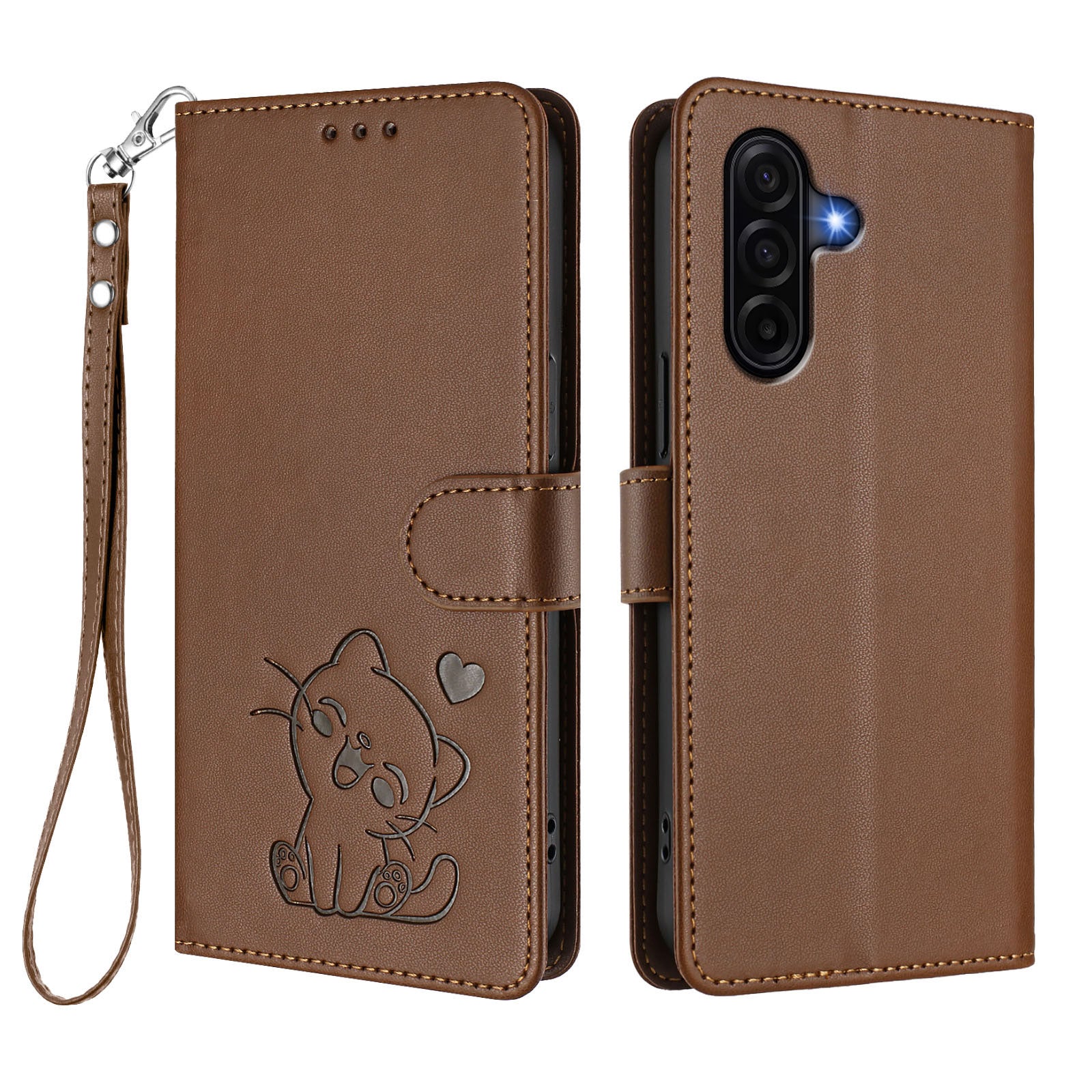 For Samsung Galaxy A57 5G Wallet Case with Wrist Strap Love Cat Pattern Imprint Leather Phone Cover - Brown