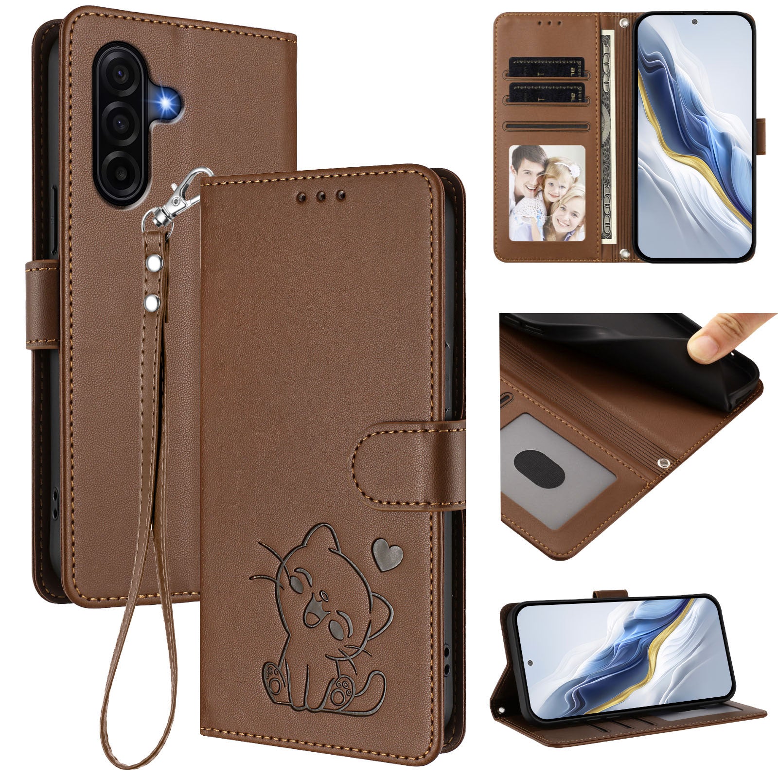 For Samsung Galaxy A57 5G Wallet Case with Wrist Strap Love Cat Pattern Imprint Leather Phone Cover - Brown